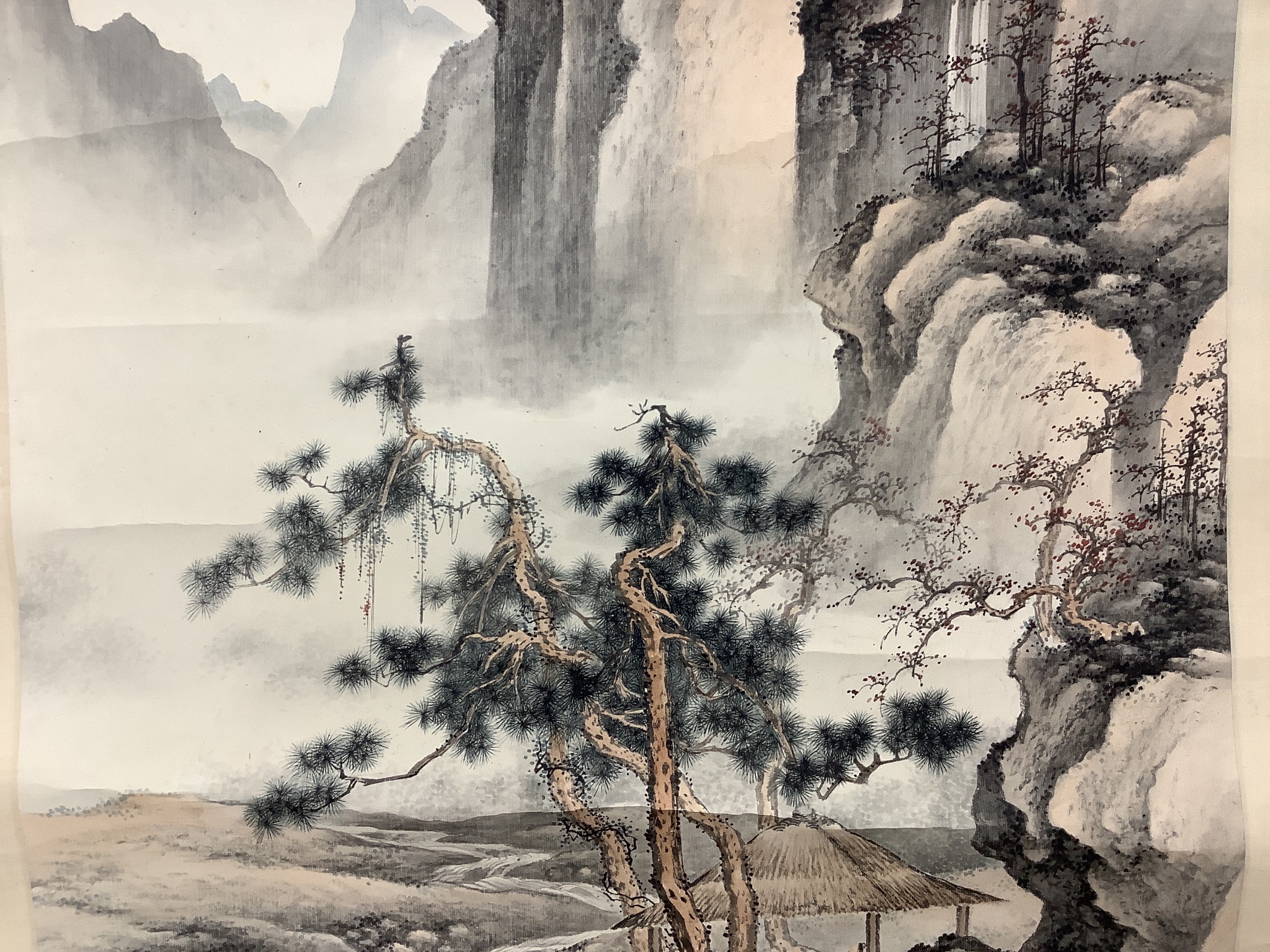 A Chinese scroll painting of a scholar seated in a mountainous river landscape, 20th century Image 94 cm X 45 cm